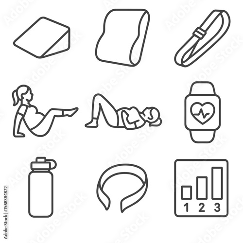 Prenatal Pilates Icons. Line style icons of Prenatal Pilates Essentials: pregnancy wedge, lumbar pillow, adjustable strap,