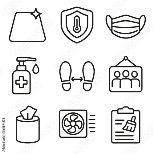 Studio Safety Icons. Line style icons of Studio Safety Standards: sanitized mat icon, temperature check badge, mask icon, hand