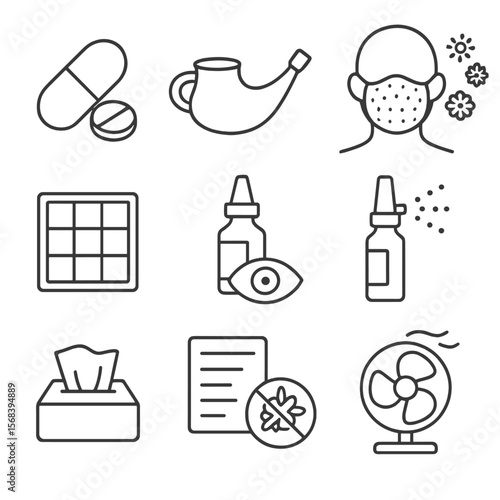 Allergy Relief Icons. Line style icons of Allergy Relief Respiratory Set: antihistamine pill, nasal rinse pot, pollen mask, HEPA