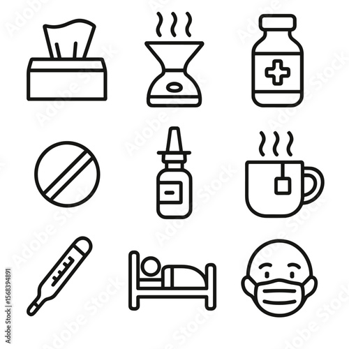 Cold and Flu Icons. Line style icons of Cold & Flu Respiratory Care: tissue box, steam inhaler, cough syrup bottle, throat lozenge