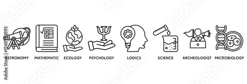 Science icon set vector illustration concept relate to astronomy, mathematic, ecology, psychology, logics, science, archeologist, microbiology