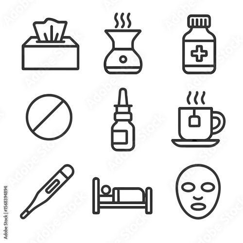 Cold and Flu Icons. Line style icons of Cold & Flu Respiratory Care: tissue box, steam inhaler, cough syrup bottle, throat lozenge
