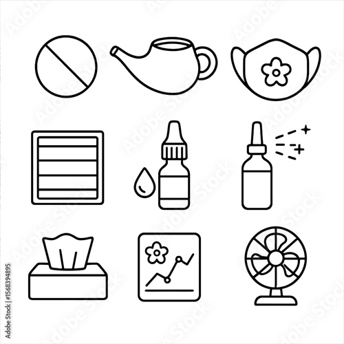Allergy Relief Icons. Line style icons of Allergy Relief Respiratory Set: antihistamine pill, nasal rinse pot, pollen mask, HEPA