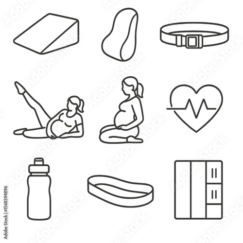 Prenatal Pilates Icons. Line style icons of Prenatal Pilates Essentials: pregnancy wedge, lumbar pillow, adjustable strap,