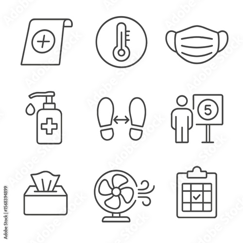 Studio Safety Icons. Line style icons of Studio Safety Standards: sanitized mat icon, temperature check badge, mask icon, hand