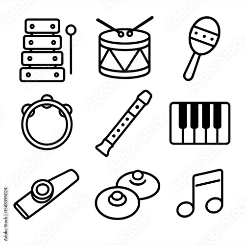Musical Toy Instrument Icons. Line style icons of Musical Toy Instruments: xylophone bar, toy drum, maraca shaker, tambourine ring