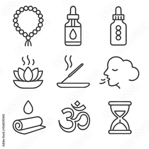 Meditation Oil Icons. Line style icons of Meditation & Yoga Oils: sandalwood bead mala, grounding oil bottle, chakra balance blend