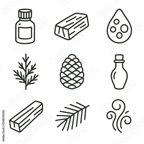 Essential Oils Icons. Line style icons of Woody & Resin Oils: cedarwood bottle, sandalwood chip, frankincense resin tear, myrrh