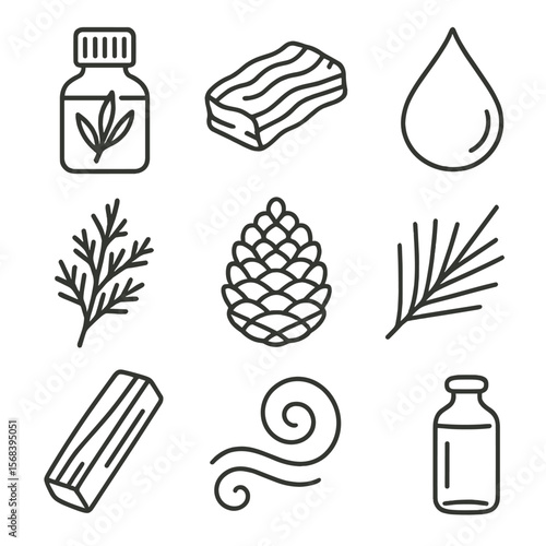 Essential Oils Icons. Line style icons of Woody & Resin Oils: cedarwood bottle, sandalwood chip, frankincense resin tear, myrrh