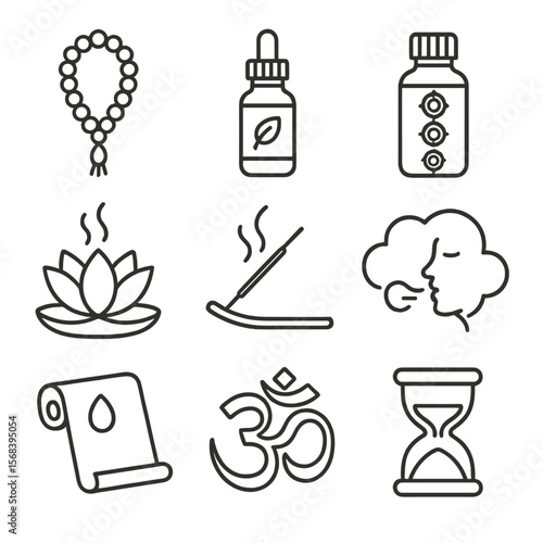 Meditation Oil Icons. Line style icons of Meditation & Yoga Oils: sandalwood bead mala, grounding oil bottle, chakra balance blend