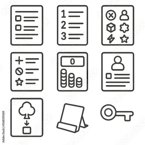 Modular Player Aid Icons. Line style icons of Modular Player Aids: reference card, phase reminder tile, icon glossary sheet, quick