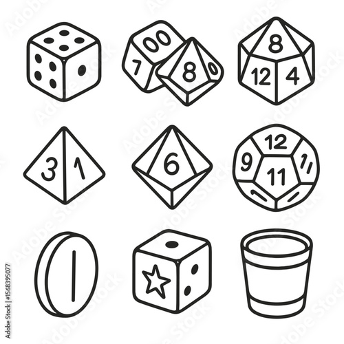 Dice and Randomizers Icons. Line style icons of Dice and Randomizers: pipped d6 die, percentile d10 pair, destiny d20, fate d4