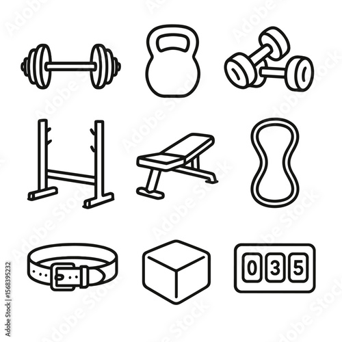 Strength Training Icons. Line style icons of Strength Training Station: barbell with plates, kettlebell, dumbbell pair, squat rack
