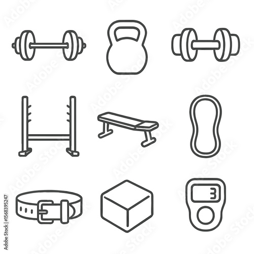 Strength Training Icons. Line style icons of Strength Training Station: barbell with plates, kettlebell, dumbbell pair, squat rack