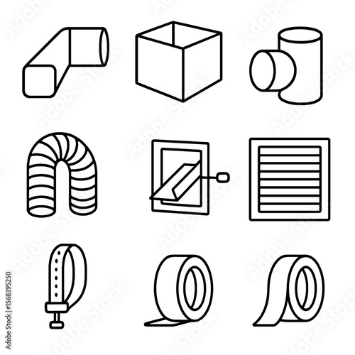 HVAC Ductwork Icons. Line style icons of HVAC Ductwork Layout: supply duct, return duct, plenum box, takeoff collar, flexible duct
