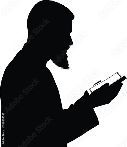 Man Praying While Standing and Reading Holy Book, Side View Silhouette of Islamic Worship on White Background