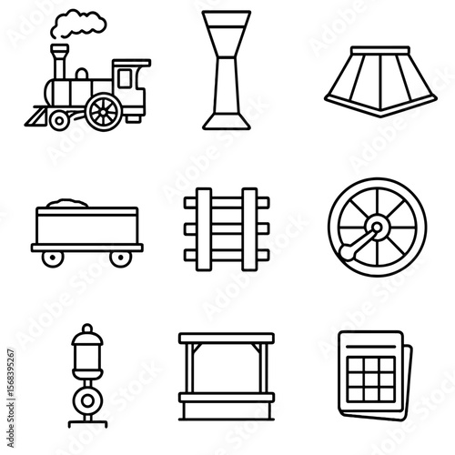 Steam Locomotive Icons. Line style icons of Early Steam Locomotives: puffing engine, smokestack funnel, cowcatcher, tender car,