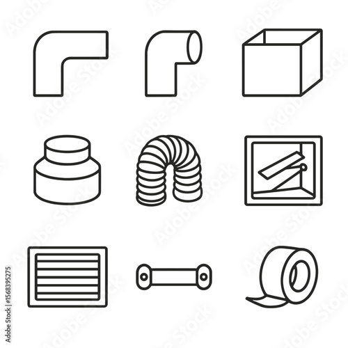 HVAC Ductwork Icons. Line style icons of HVAC Ductwork Layout: supply duct, return duct, plenum box, takeoff collar, flexible duct