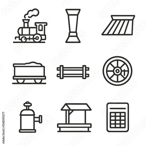 Steam Locomotive Icons. Line style icons of Early Steam Locomotives: puffing engine, smokestack funnel, cowcatcher, tender car,