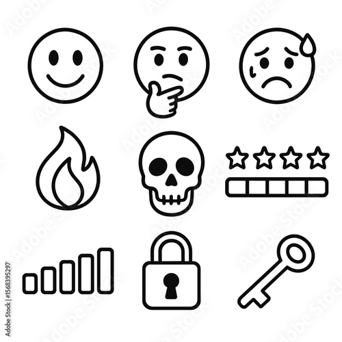 Question Difficulty Icons. Line style icons of Question Difficulty Levels: easy smile face, medium thinking face, hard sweat face,