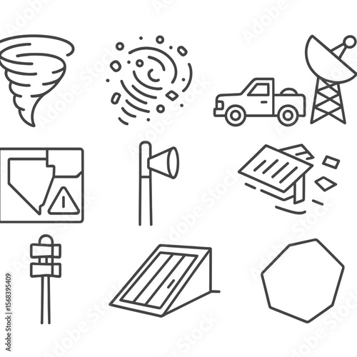 Tornado Outbreak Icons. Line style icons of Tornado Outbreak: funnel cloud cone, rotating debris field, storm chase truck, Doppler