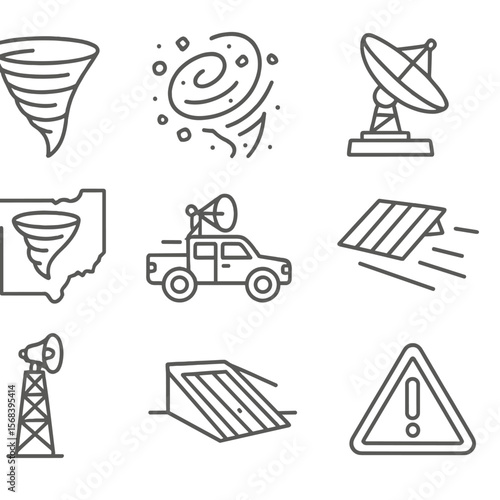 Tornado Outbreak Icons. Line style icons of Tornado Outbreak: funnel cloud cone, rotating debris field, storm chase truck, Doppler
