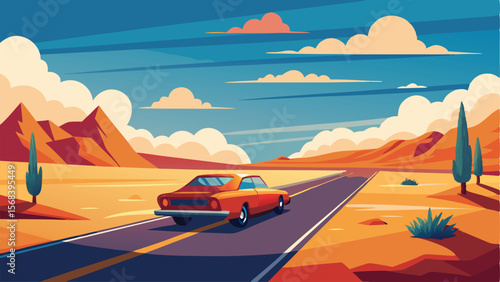 Orange Car Driving Through Desert Landscape with Blue Sky and Clouds Illustration