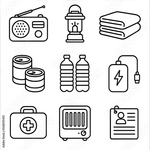 Blizzard Prep Icons. Line style icons of Blizzard Emergency Prep: battery radio, LED lantern, extra blankets, canned food, bottled
