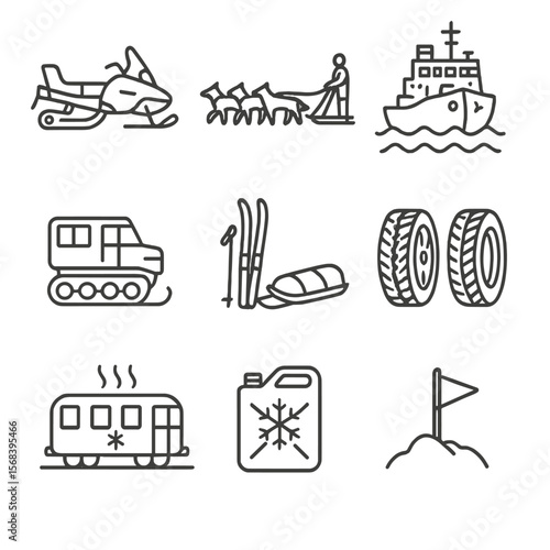 Arctic Transport Icons. Line style icons of Arctic Transportation: snowmobile sled, dog sled team, icebreaker ship, tracked