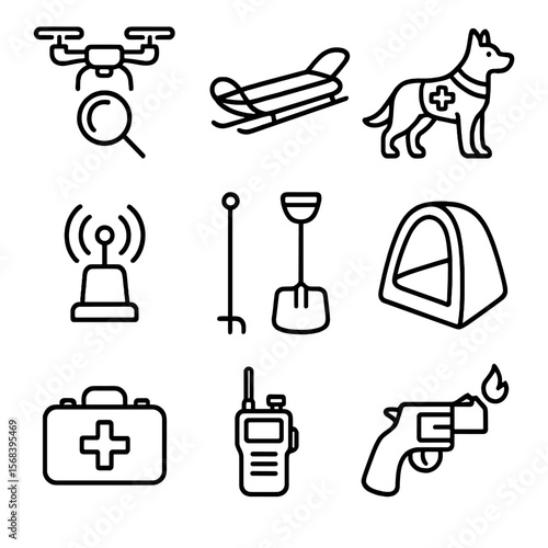 Mountain Rescue Icons. Line style icons of Snowy Mountain Rescue: search drone, rescue sled, avalanche dog, beacon signal, shovel