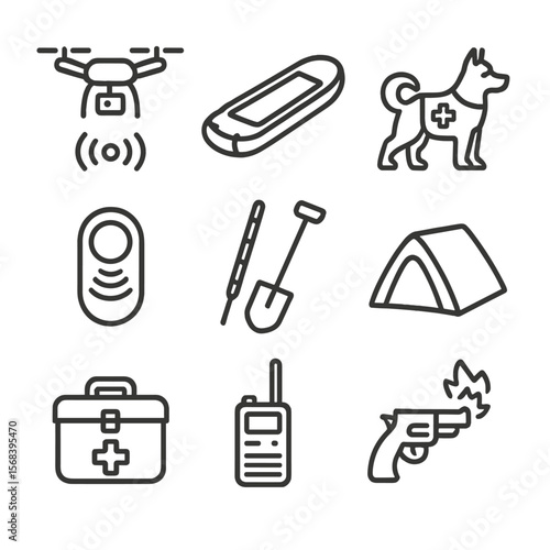 Mountain Rescue Icons. Line style icons of Snowy Mountain Rescue: search drone, rescue sled, avalanche dog, beacon signal, shovel
