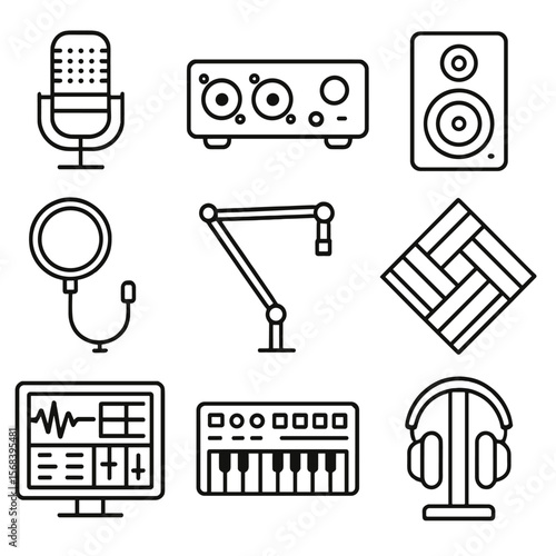 Home Studio Icons. Line style icons of Home Recording Studio: condenser microphone, audio interface, studio monitor speaker, pop
