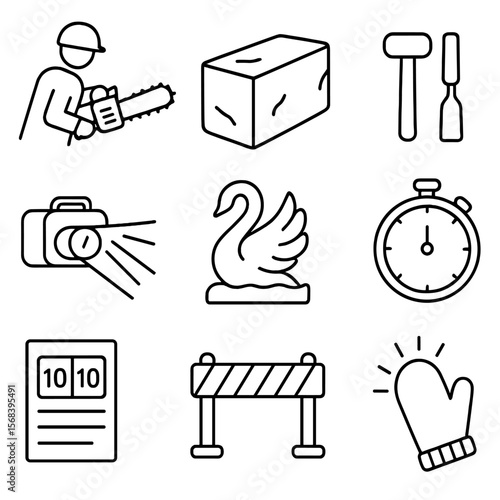 Ice Sculpture Icons. Line style icons of Ice Sculpture Festival: chainsaw carver, ice block slab, chisel set, spotlight beam,