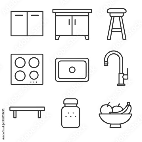 Minimalist Kitchen Icons. Line style icons of Minimalist Kitchen: flat-panel cabinet, breakfast island, bar stool, induction