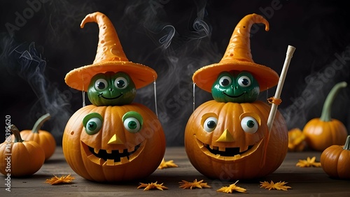 Create a funny wizard pumpkin casting silly spells that accidentally turn witches into frogs and brooms into bubble blowers.