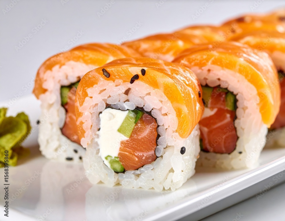 Closeup of Orange Salmon Sushi Rolls on White Plate Closeup of Orange Salmon Sushi Rolls on White Plate