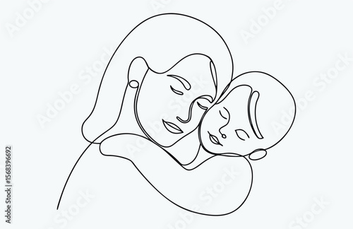 one line drawing mother baby hug, Mother and baby continuous line art vector illustration, mothers day celebration background, A mom hug the baby one line art
