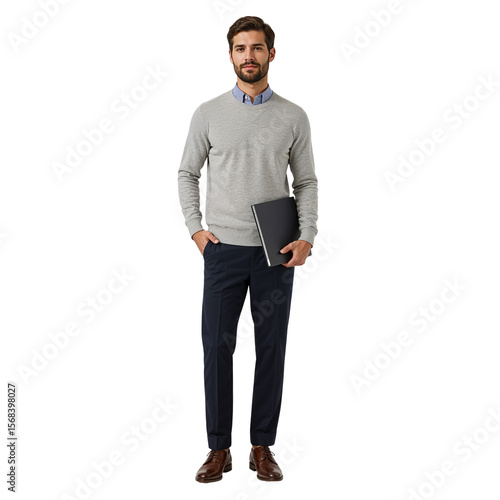 A confident businessman stands holding a laptop, ready for work or a meeting in his casual office attire against a transparent background