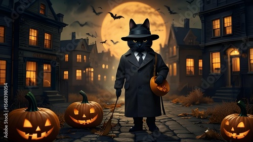 Create a funny detective pumpkin in trench coat and magnifying glass investigating a mystery in a spooky town full of mischievous black cats.