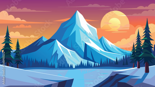 Mountain Peak Sunset Landscape with Pine Trees and Reflective Lake Vector Illustration