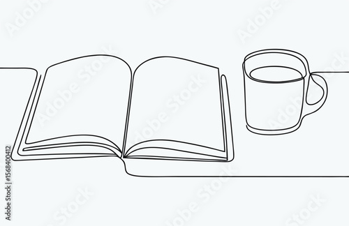 one line drawing coffee and book, single continuous line drawing of books with a cup of coffee above on library desk, business and education concept, one line draw coffee and books