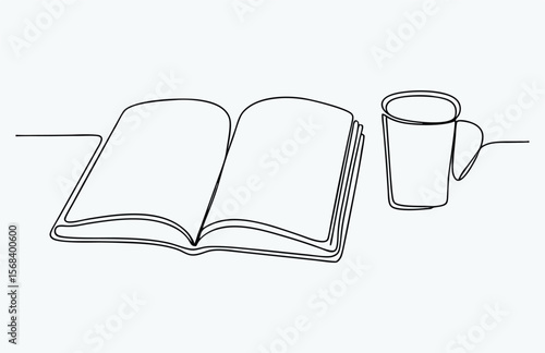 one line drawing coffee and book, single continuous line drawing of books with a cup of coffee above on library desk, business and education concept, one line draw coffee and books