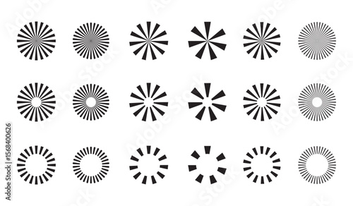 Retro Sunburst icon set, radial Sunburst element, Vintage sunburst Fireworks design isolated, Sunrise rays light burst line shine sunshine sunbeam vintage border symbol.