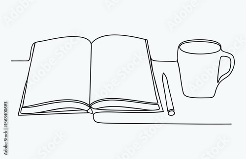 one line drawing coffee and book, single continuous line drawing of books with a cup of coffee above on library desk, business and education concept, one line draw coffee and books