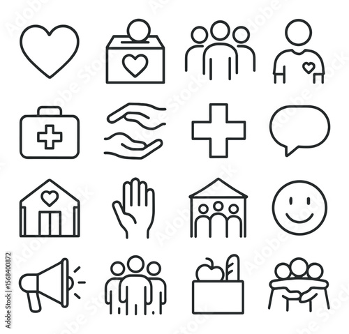 Community support collection, helping hands and social care symbols. charity icons set