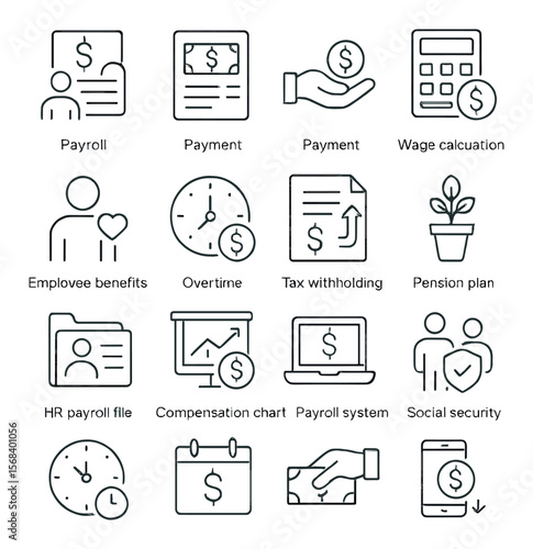 Accounting icon collection, financial symbols for bookkeeping and payroll systems