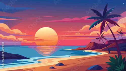 Vibrant Sunset Beach Scene with Palm Trees, Colorful Sky, and Calm Ocean Waters