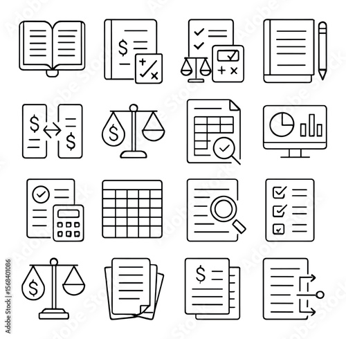 Accounting icon collection, bookkeeping symbols. finance and auditing design elements