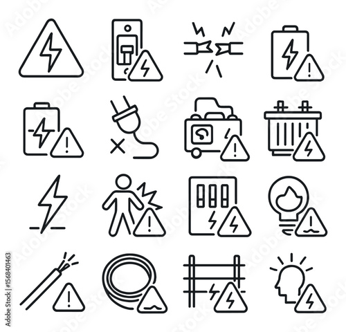 Electrical hazard icon collection, warning and safety symbols. simple danger signs set