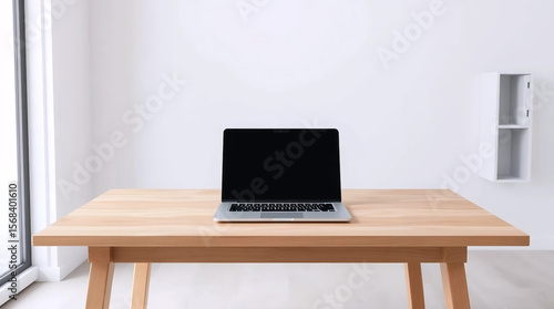 Wallpaper Mural modern laptop on wooden desk with white wall background, minimal workspace setup for business, technology, or study concept Torontodigital.ca